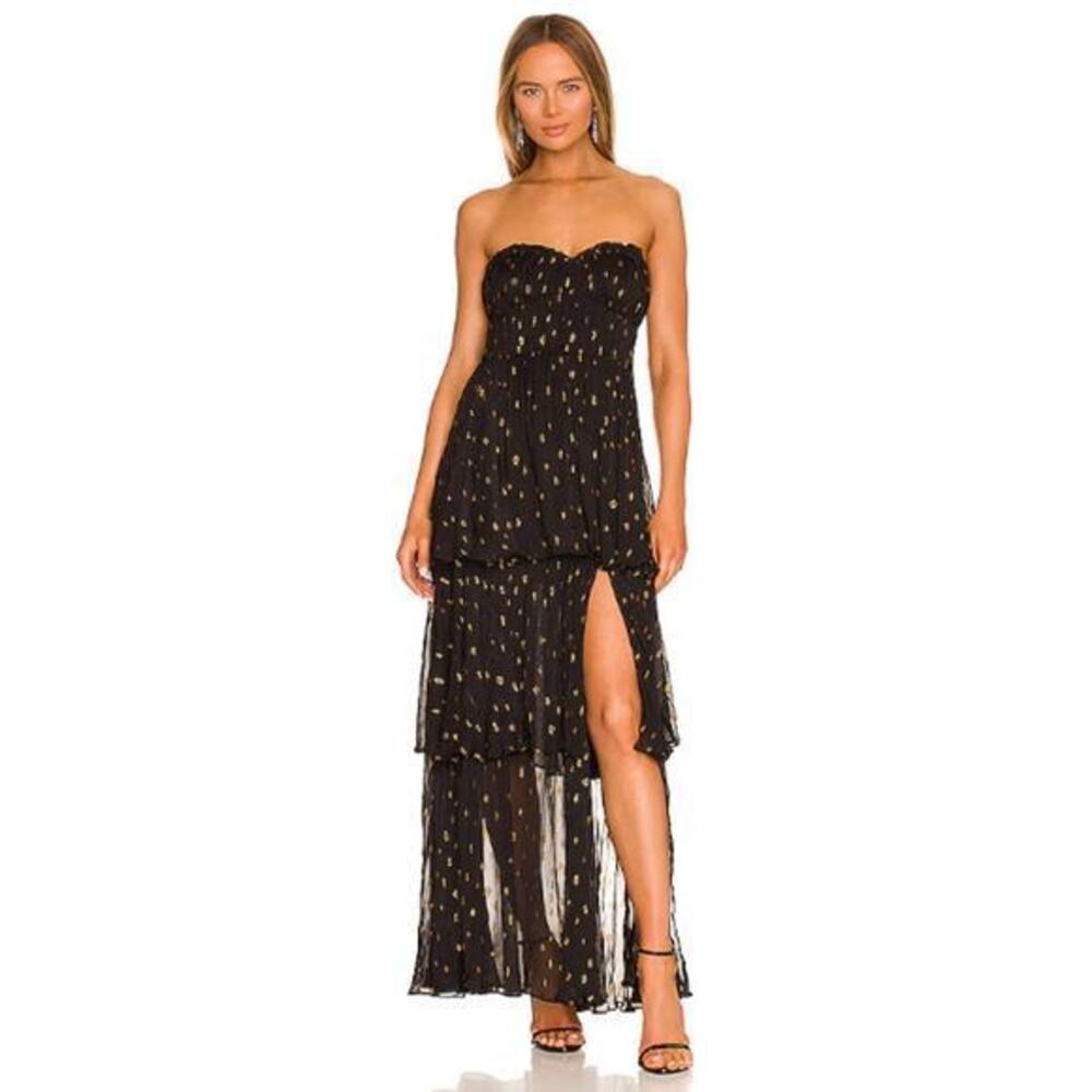Lovers and Friends Strapless Maxi Dress Womens S Black Gold Good Tiered Metallic